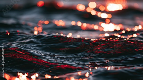 Rippling dark water illuminated by shimmering orange bokeh lights