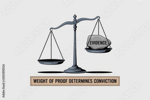 Scales of justice with evidence rock and legal text weight of proof determines conviction