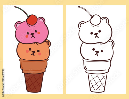 cute hand drawn cartoon bear with ice cream cone for coloring page