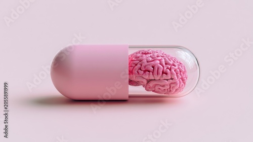 A pink pill capsule contains a miniature, realistic human brain
