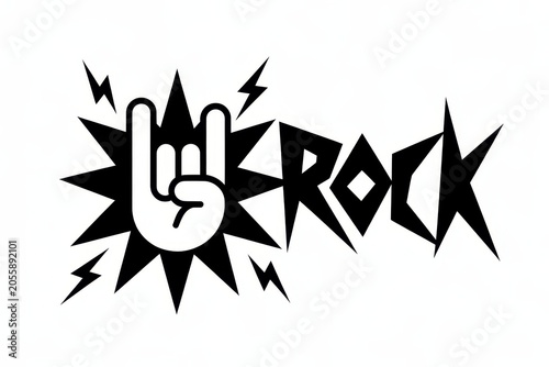 Rock and roll hand sign gesture with lightning bolts and starburst background isolated on white background