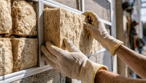 Hands wearing gloves install fluffy insulation material into a framed wall structure
