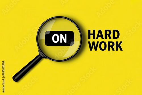 Conceptual Illustration of Focus on Hard Work with Magnifying Glass on Yellow Background