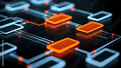 Abstract glowing network nodes and connections with digital data flow