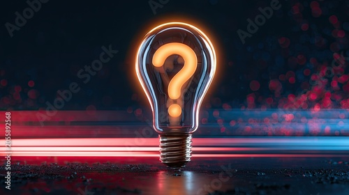 A glowing lightbulb with a question mark inside, illuminating in the dark