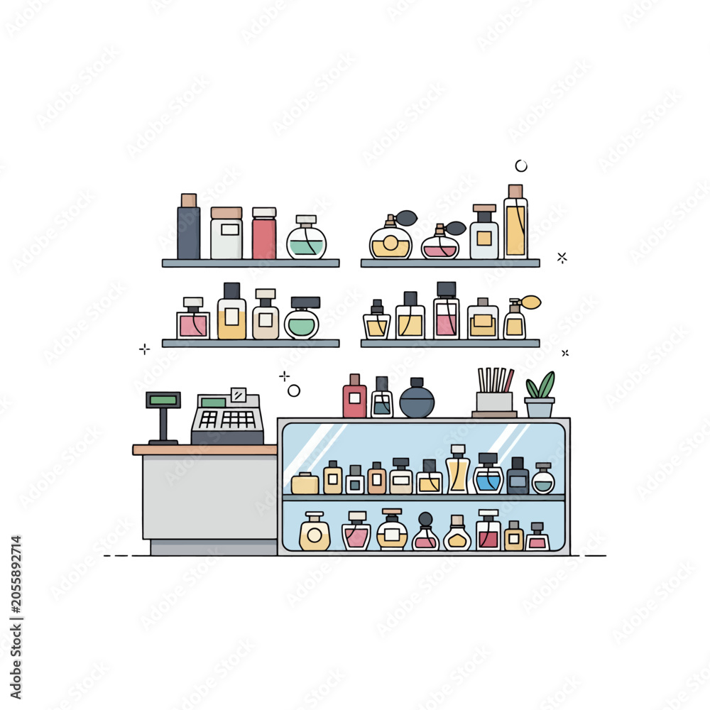 Fototapeta premium A collection of various glass perfume bottles displayed on shelves in a shop
