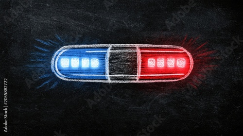 A capsule, half blue and half red, glows with light on a dark background