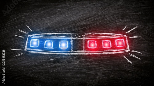 Flashing red and blue lights, chalk-drawn on a dark blackboard surface