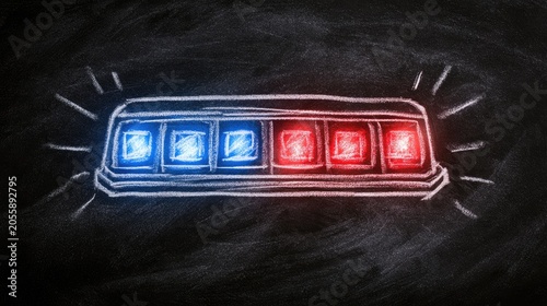 Chalk drawing of a flashing police siren light bar on a dark surface