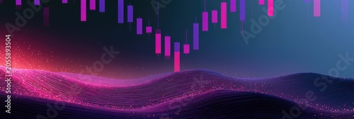 Digital financial graph with vibrant pink and purple hues and abstract landscape