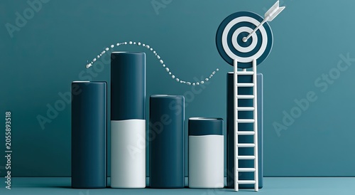 Abstract bars rise to a target, showing growth, ladder, arrow