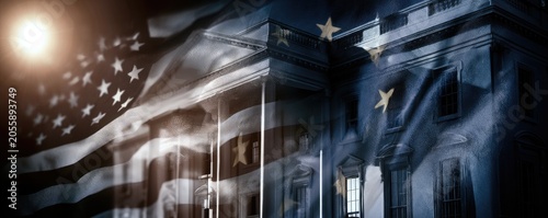 Ethereal overlay of a billowing flag and a grand building at night