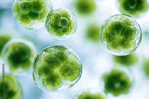 Microscopic green spheres cluster, resembling cells or organic growth