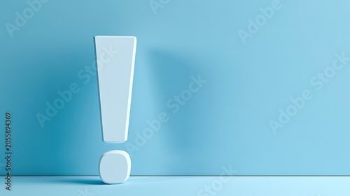 A stark white exclamation mark stands alone against a soft blue gradient background