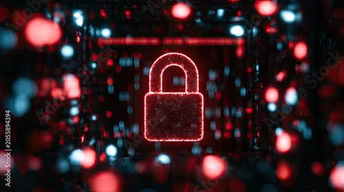 Red glowing padlock icon in a dark, abstract, digital tunnel
