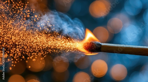 A lit match ignites, showering sparks and smoke against a blurred bokeh background