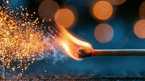 A burning matchstick erupts with sparks and smoke against a bokeh background