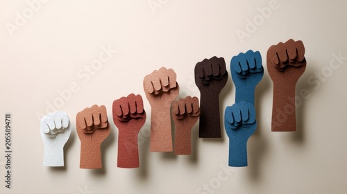 Diverse skin-toned paper cutouts of raised fists ascend diagonally