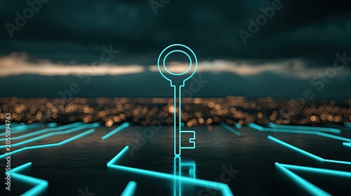 Neon key glowing on futuristic circuit board under stormy city sky