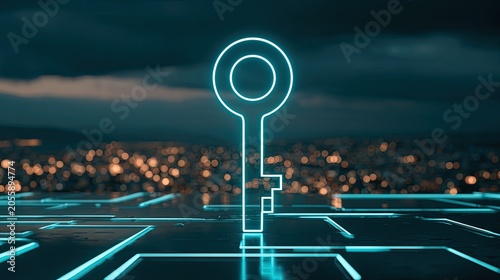Neon key shape glows above a digital circuit board with blurred city lights