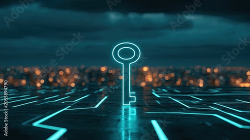 A glowing key in a futuristic cityscape, symbolizing access and digital security