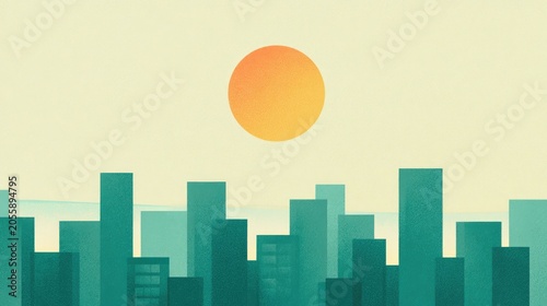 Stylized sunrise over a muted teal cityscape with textured sky