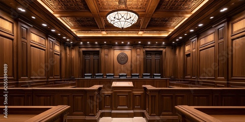 Ornate courtroom interior with polished wood panels, a central raised desk, and judicial seating