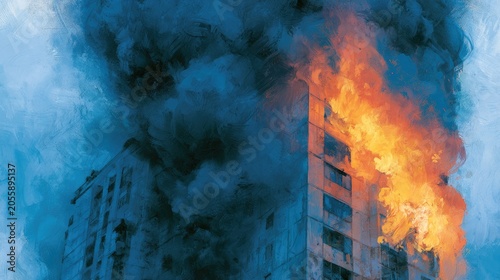 A tall building engulfed in fierce flames and dark smoke under a sky