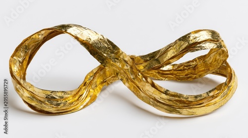 Gleaming gold infinity symbol sculpture on white background