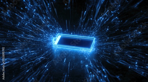 Illuminated battery symbol glowing with blue energy particles exploding outwards