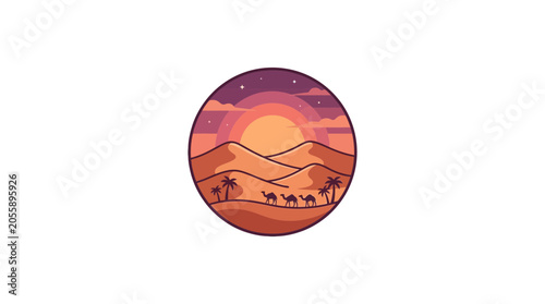 Fotografie Desert Caravan at Sunset Circle Logo - Camels, Dunes, Palm Trees, Stars