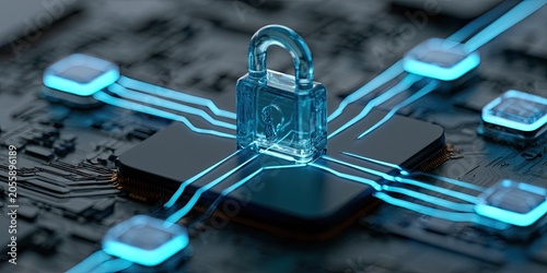Transparent padlock on circuit board, connected by glowing blue lines