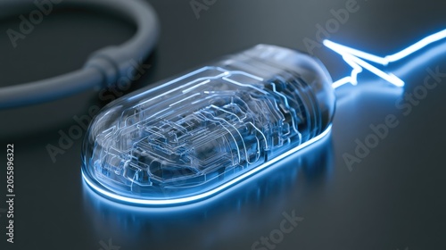Transparent capsule with glowing blue circuitry, linked to device