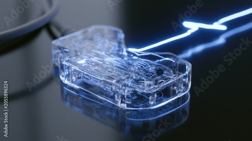 Transparent connector with bright blue light emanating from it