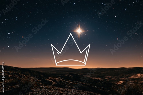 A peaceful desert night sky filled with stars and a prominent bright star shining over the landscape