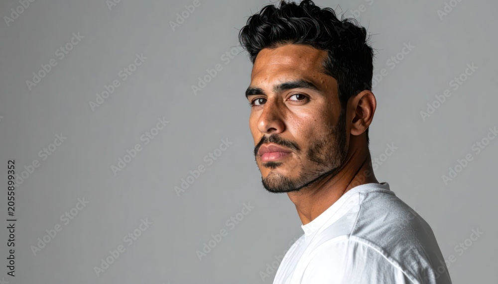 Obraz premium Portrait of a handsome man with dark hair and beard looking sideways.
