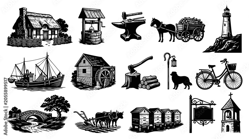 Obraz premium Vintage Rural Life and Countryside Elements Engraving Style Collection - Black and White Illustrations Set