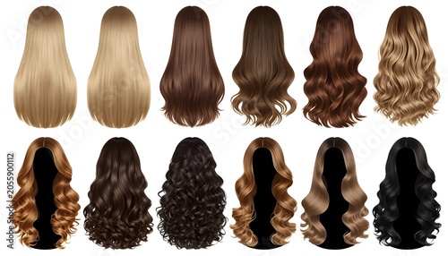 Hair Extension Styles Long Straight Wavy Curly Vector Grid Set