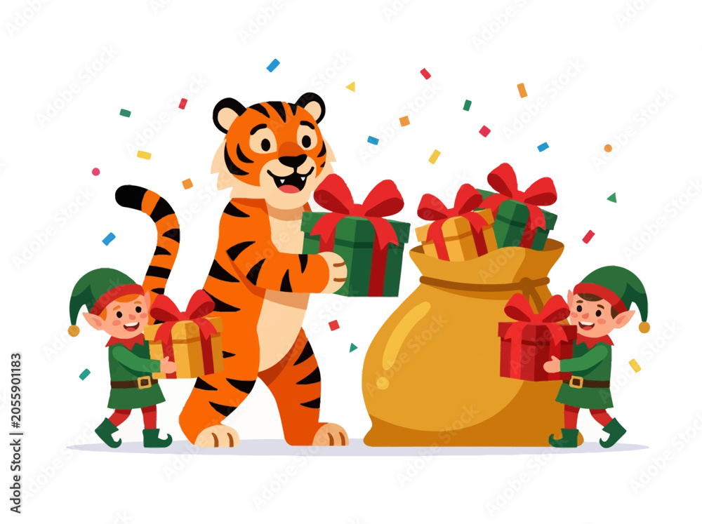 Obraz premium Cheerful cartoon tiger and Christmas elves packing gift boxes into a large sack with festive confetti.
