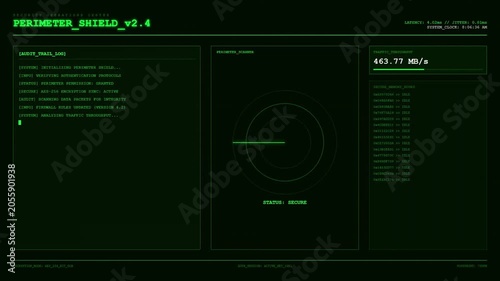 Perimeter Shield Security Operations Center Scanner Audit Trail AES256 Firewall Traffic Dashboard Animation.