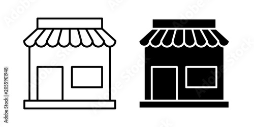 Storefront icon in outline and solid style, isolated on white background. Perfect for retail, e-commerce, and local business features in mobile and web design.