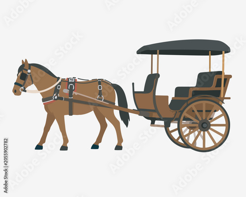Horse-drawn carriage illustration isolated on white background. Traditional vintage transportation vector icon.