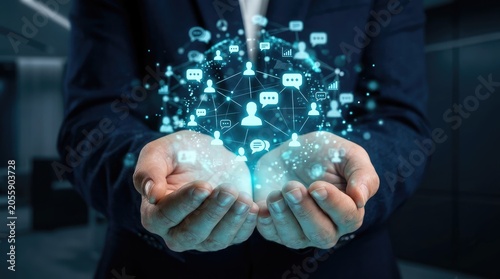 Professional businessman holding a glowing blue digital social network sphere composed of interconnected human icons and communication bubble data symbols