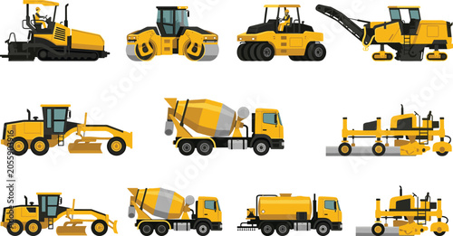 Fotografía Professional road construction heavy machinery set with asphalt paver road rolle