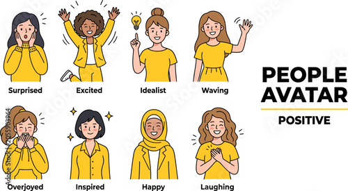Bild auf Leinwand Collection of eight positive people avatars in yellow