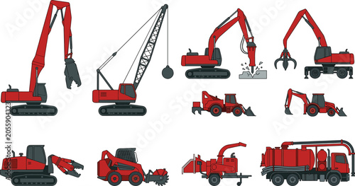 Foto Red industrial demolition and waste management machinery vector set including ex