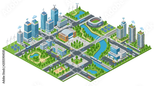 Eco-friendly city, sustainable urban planning, green infrastructure, isometric illustration isolated on White Background eps