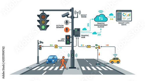 Smart City, Traffic Management, Vector Illustration, Urban Infrastructure isolated on White Background eps