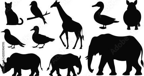 Canvas Print Set of black animal silhouettes including elephant giraffe rhinoceros cat and va