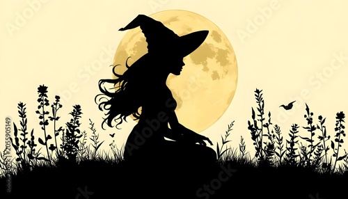 illustration Silhouette of a person wearing a pointed witch's hat, sitting cross-legged on grassy terrain with wildflowers